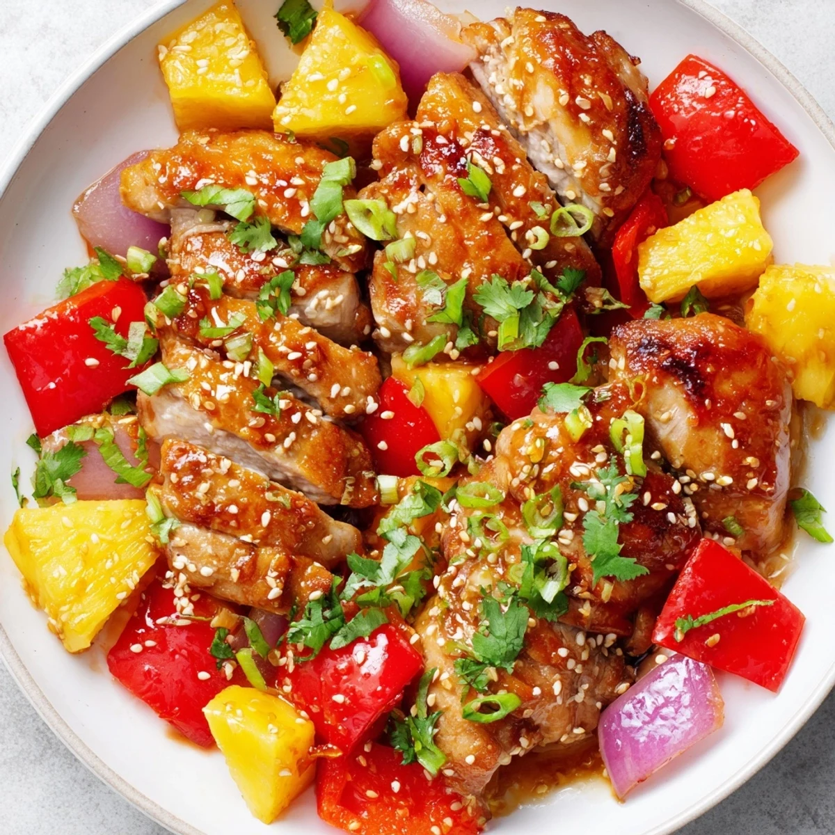 The finished Marry Me Sheet Pan Hawaiian Chicken rests on a white platter, garnished with fresh cilantro, sesame seeds, and sliced green onions, ready to serve over steamed rice.