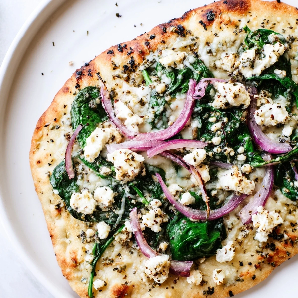 A close-up of Spinach and Feta Flatbread Pizza with red onion and oregano, ideal for a quick vegetarian dinner.