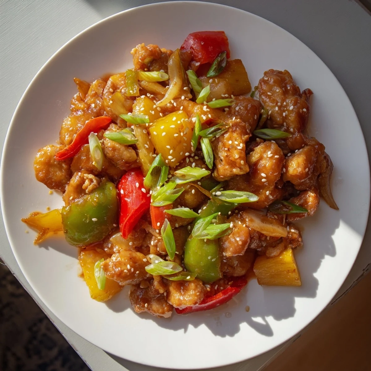 Sweet Hawaiian Crockpot Chicken piled high over steamed white rice with vibrant red bell peppers and green onions.
