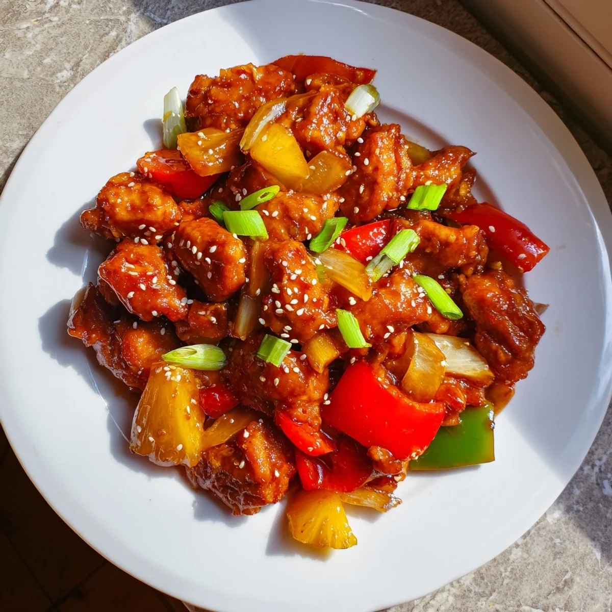 Savory and tangy Sweet Hawaiian Crockpot Chicken served hot, garnished with toasted sesame seeds and fresh cilantro leaves.