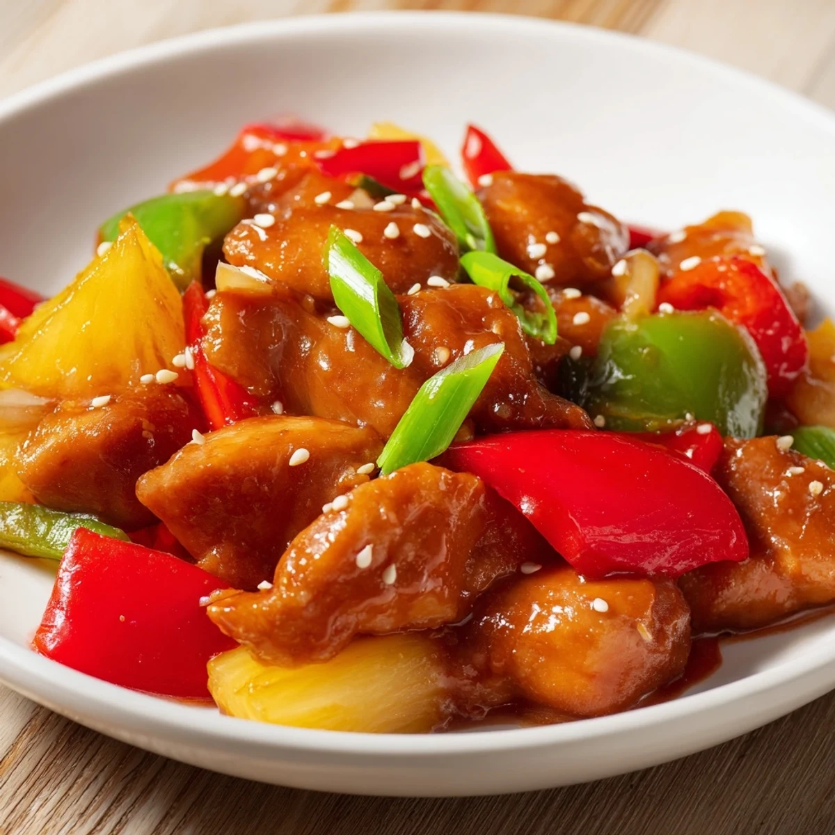 Tender pineapple chunks and juicy chicken thighs slow cooked in a sweet soy glaze inside a ceramic crockpot.