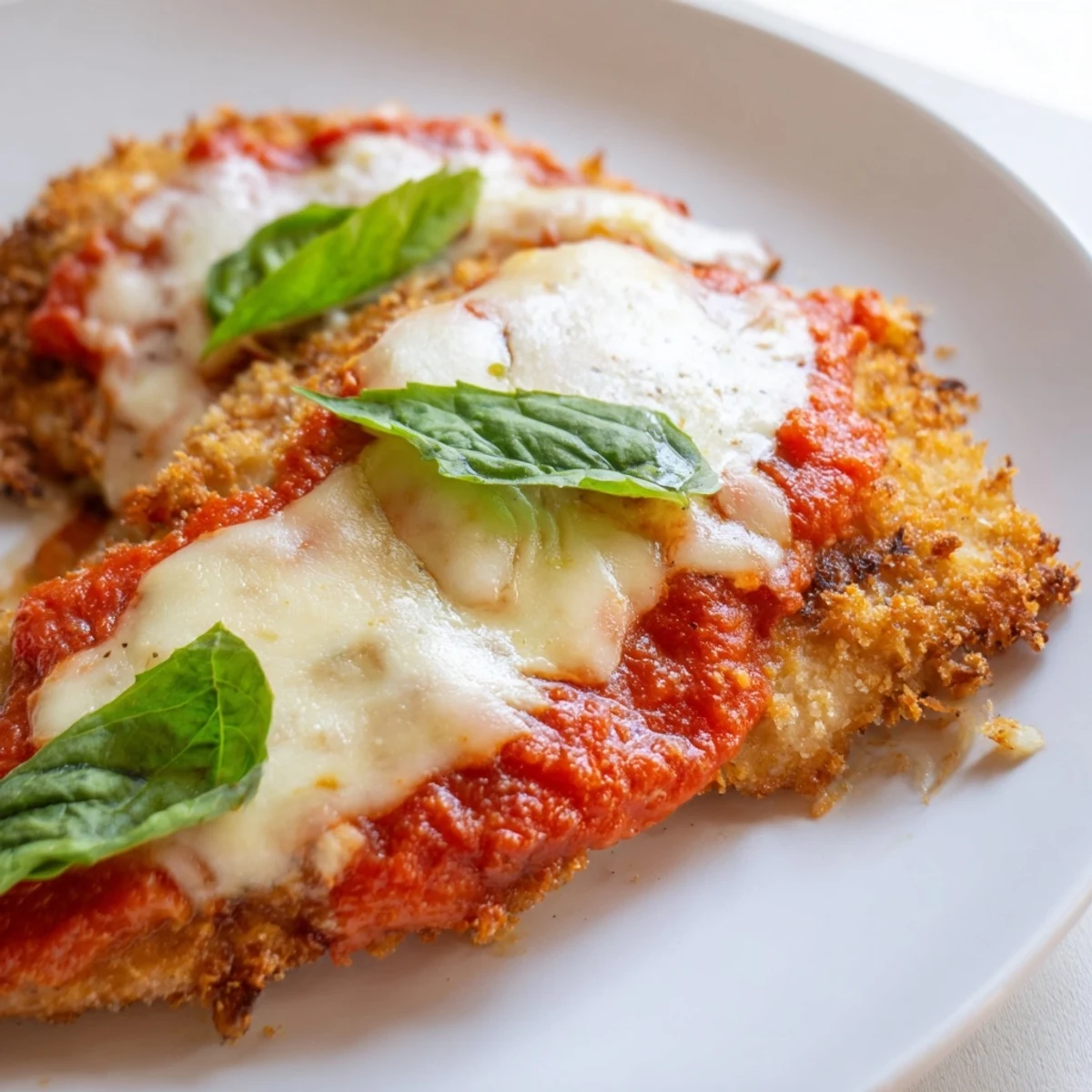 Golden, crispy Chicken Parmesan Pizza fresh from the oven, topped with melted mozzarella and fresh basil.