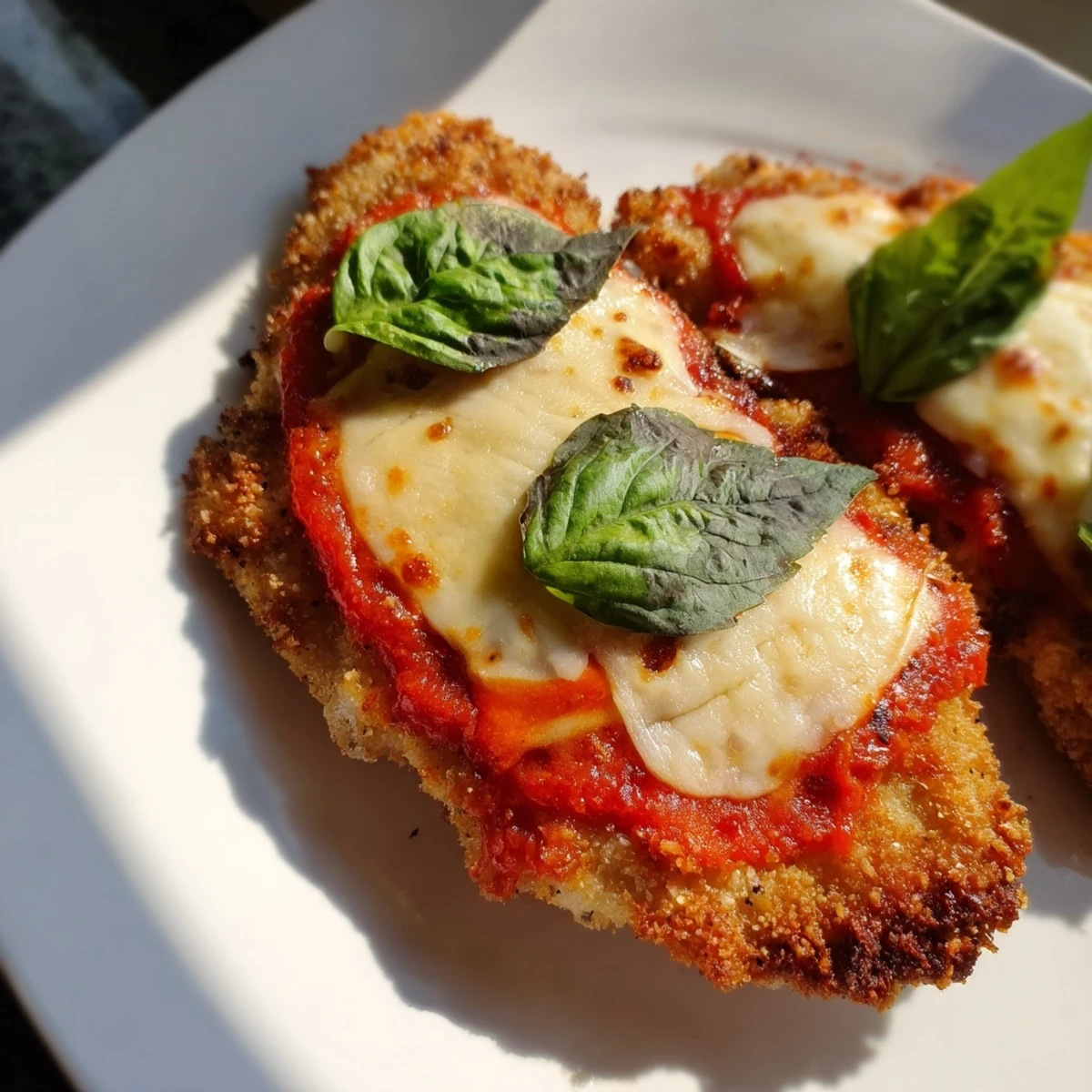 Sliced Chicken Parmesan Pizza on a wooden board, served with marinara sauce and a side salad.