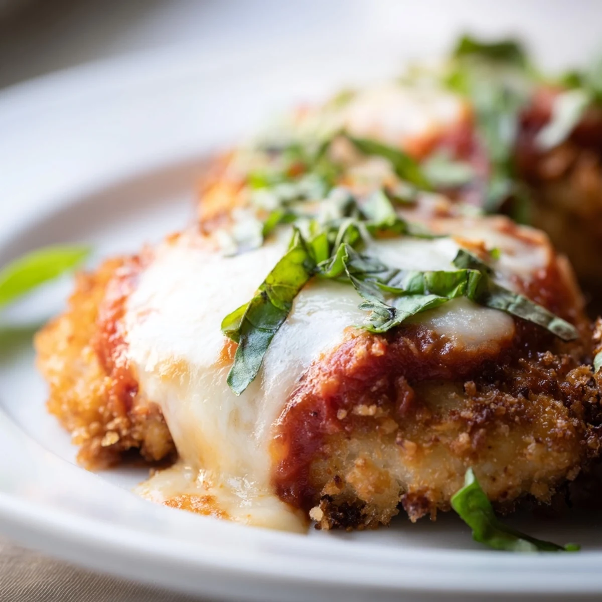 A close-up of bubbling mozzarella and red sauce on a crispy chicken base, garnished with fresh basil.
