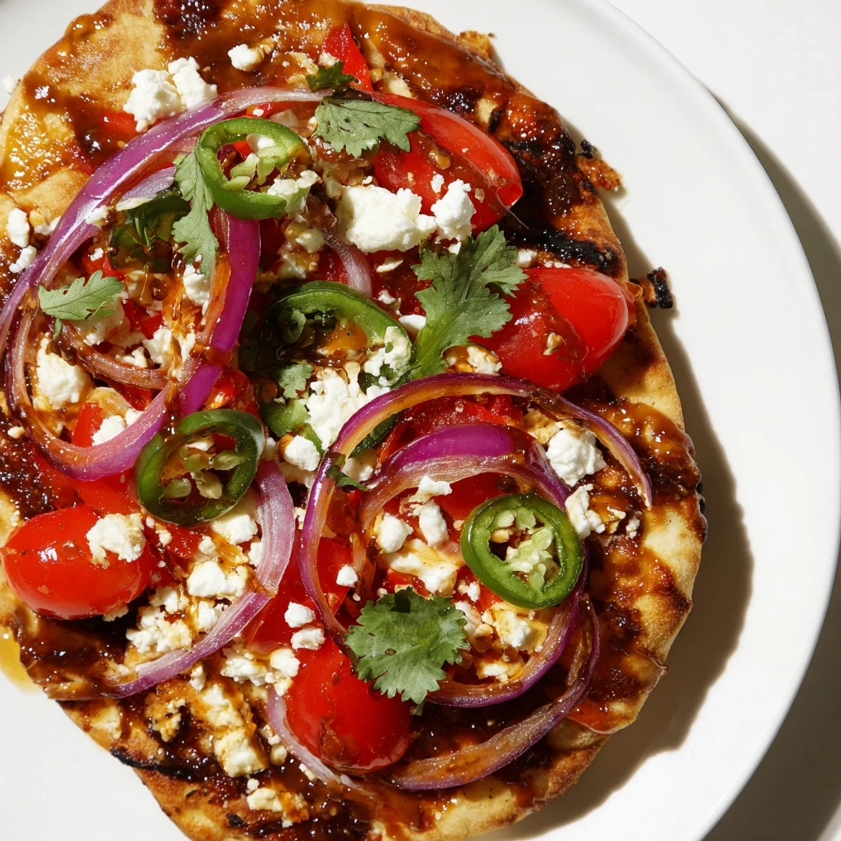 The Sweet Heat Honey Garlic Flatbread Pizza features golden, melted mozzarella and crumbled feta over vibrant red bell peppers and onions.