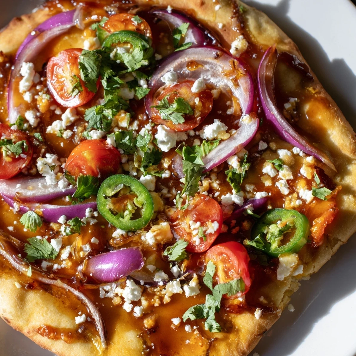 A close-up of Sweet Heat Honey Garlic Flatbread Pizza shows a drizzle of glossy sauce, fresh cilantro, and sliced jalapeños for spice.