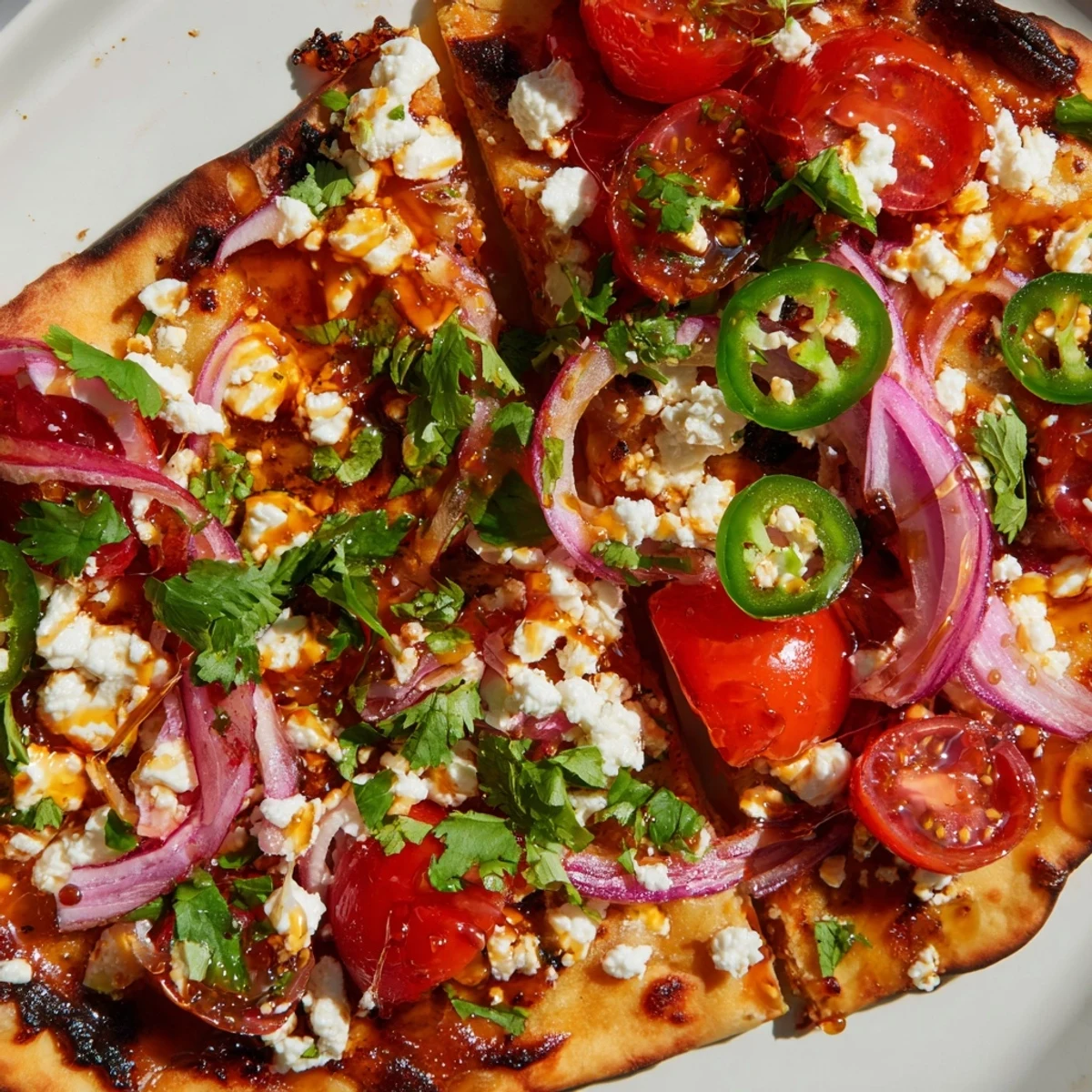 This Sweet Heat Honey Garlic Flatbread Pizza is sliced into wedges on a rustic board, ready for serving with a honey drizzle.