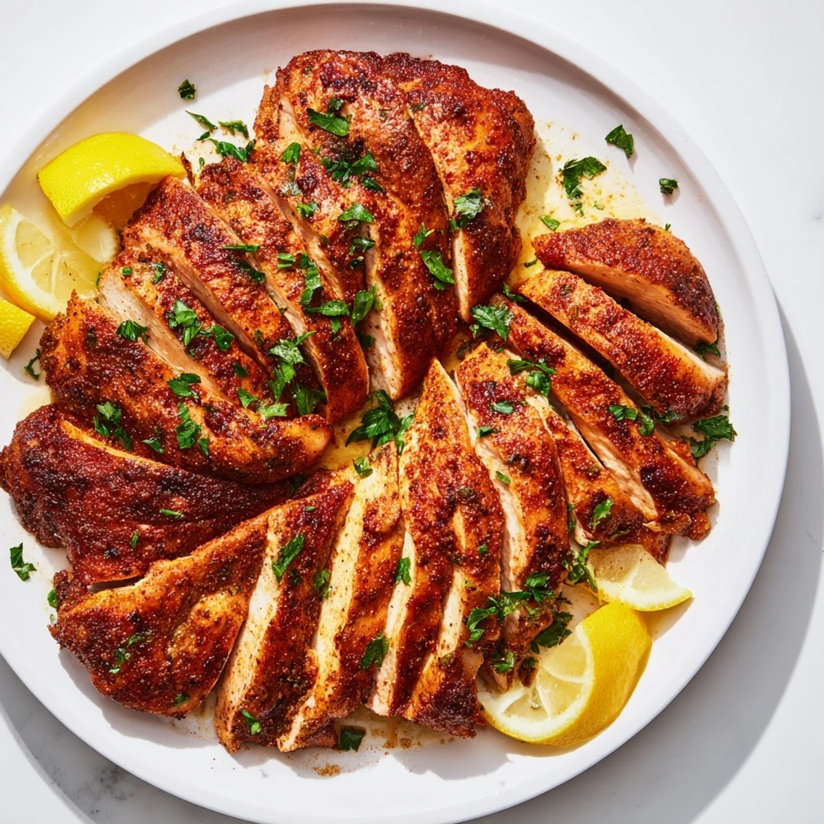 Juicy Oven Baked Chicken Breasts garnished with parsley on a rustic wooden serving platter