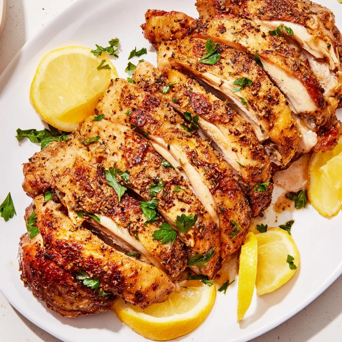 Golden brown Oven Baked Chicken Breasts resting on a baking sheet with lemon wedges nearby