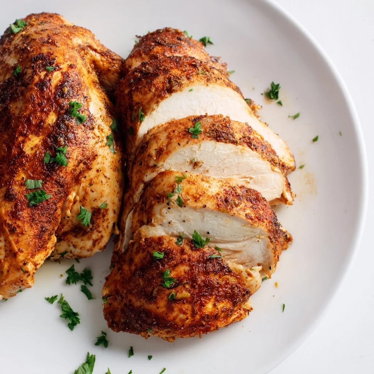 Juicy oven baked chicken breasts glazed with paprika and herbs on a white plate.
