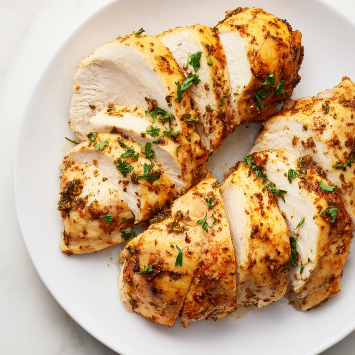 Oven baked chicken breasts served with lemon wedges and fresh parsley garnish.
