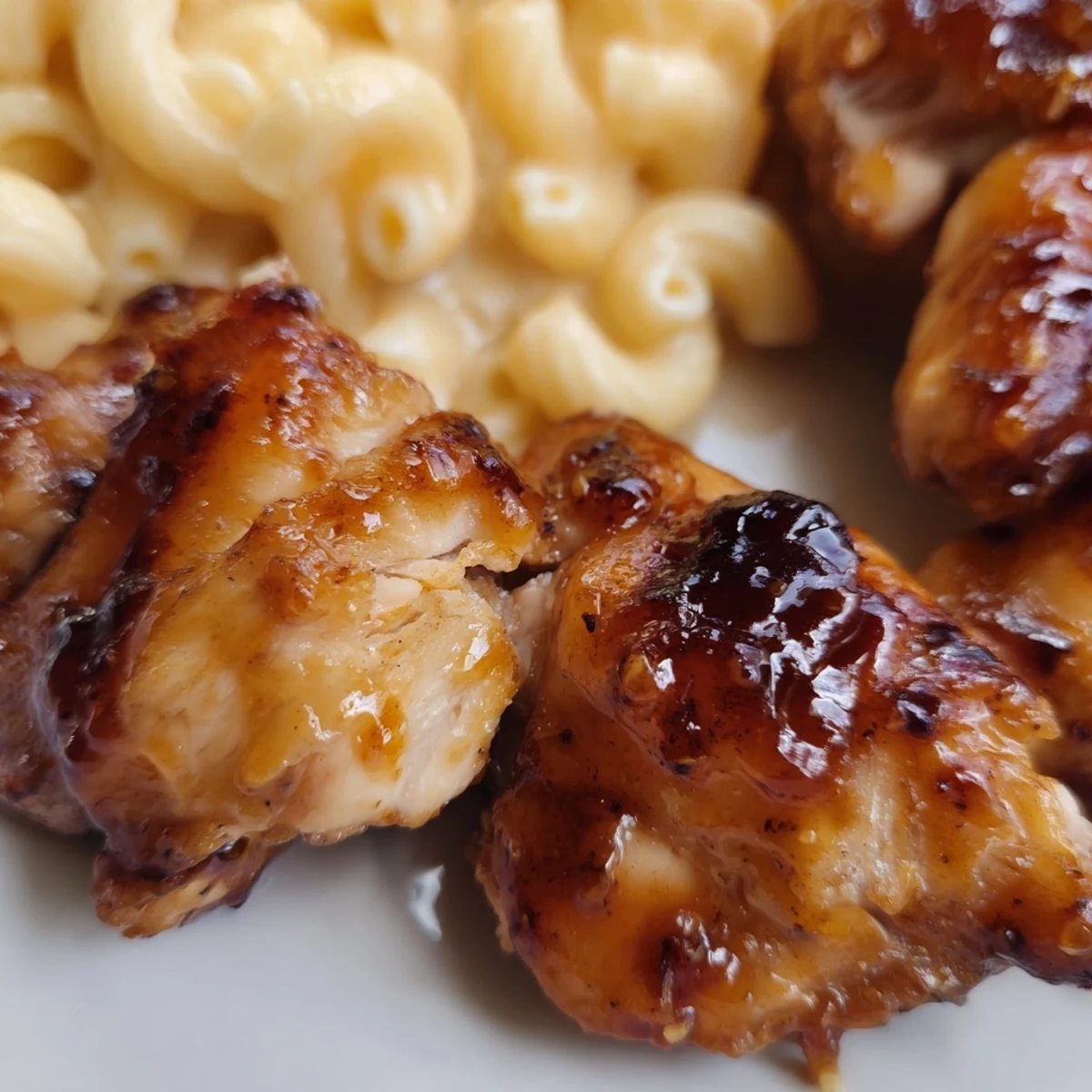 Golden glazed chicken coated in sweet and spicy honey pepper sauce sits beside a bowl of creamy mac and cheese, garnished with fresh parsley.
