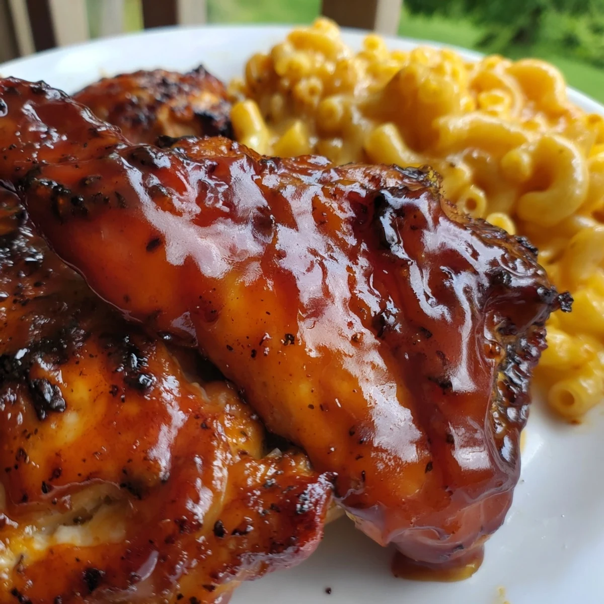 A close-up view shows tender chicken slices resting on ultra-creamy mac and cheese, with a drizzle of honey pepper glaze and cracked black pepper.