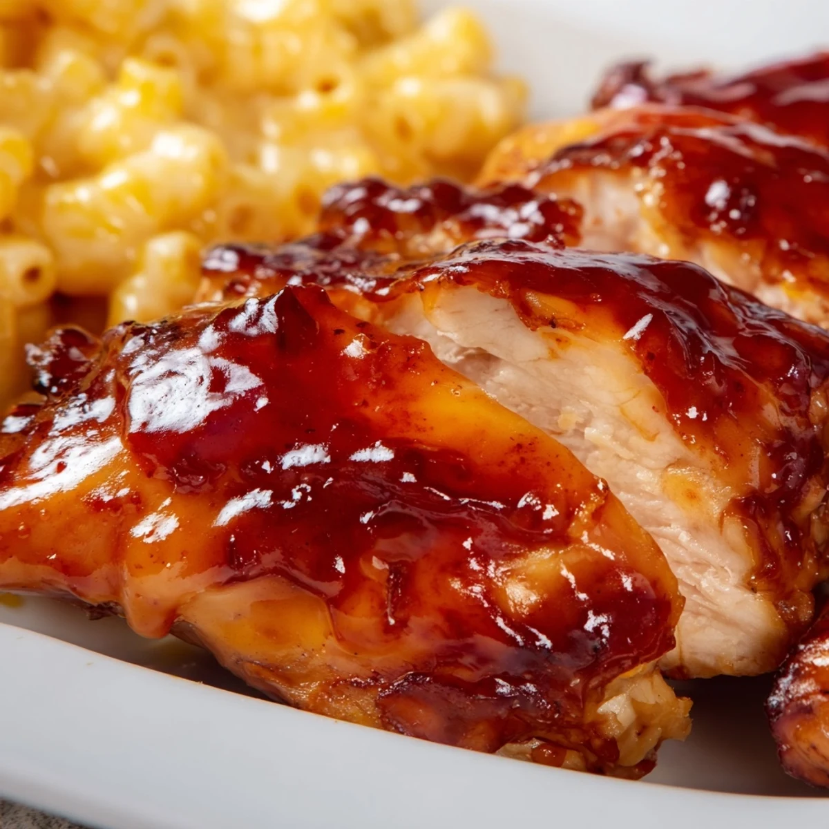 Comfort food plating of juicy honey pepper chicken and cheesy macaroni, steaming hot on a rustic wooden table for a family dinner.