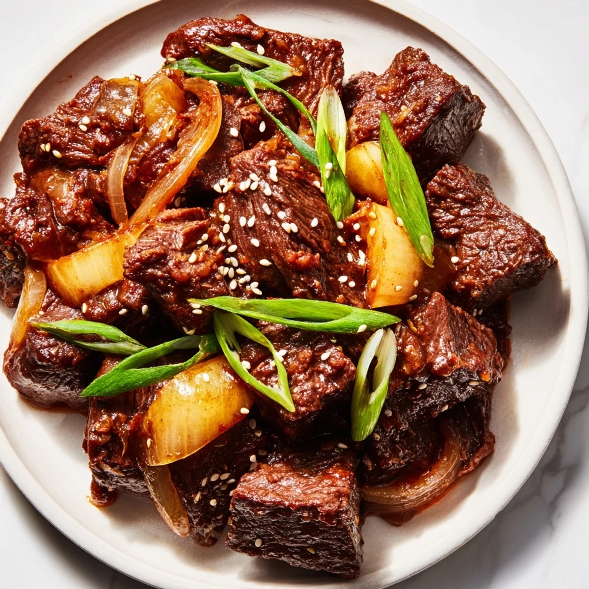 Beef cubes and sliced onions in a crock pot, drenched in a thick Korean-inspired sauce with vibrant garnishes.