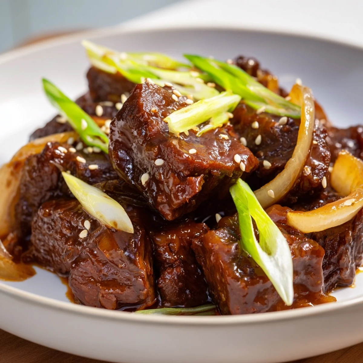 Tender shredded Crock Pot Korean Beef piled high in a bowl, garnished with green onions and sesame seeds for dinner.