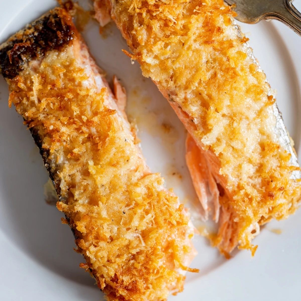 Golden, crispy Parmesan Salmon Bake fillets on a baking sheet, ready to serve with fresh lemon wedges.
