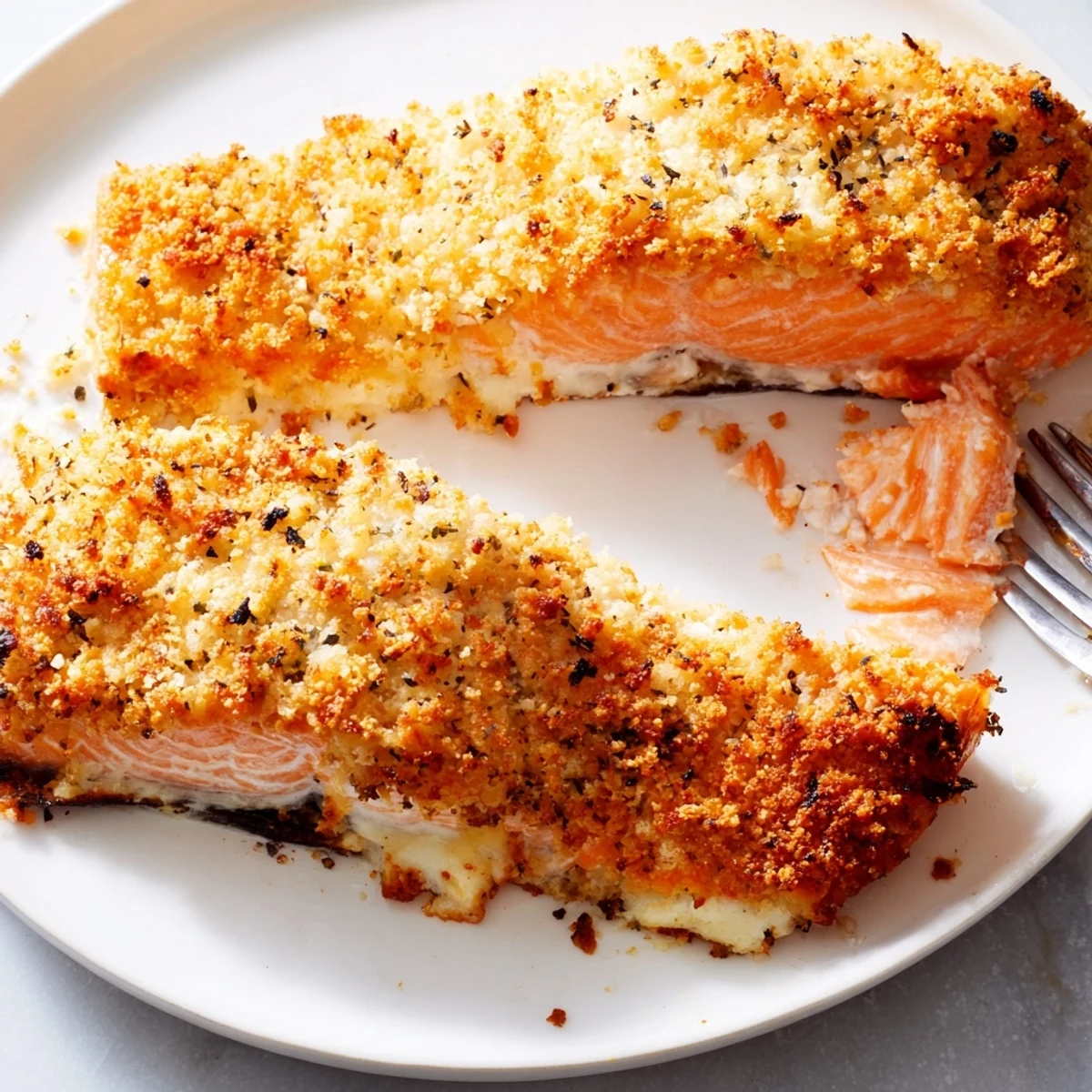 Freshly baked Parmesan Salmon Bake with zesty lemon and herbs, plated beside roasted asparagus for dinner.