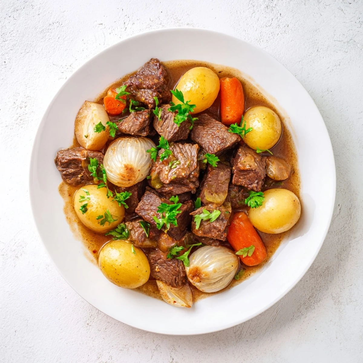 Tender beef cubes and halved baby potatoes slow-cooked in garlic butter, rosemary, and thyme.