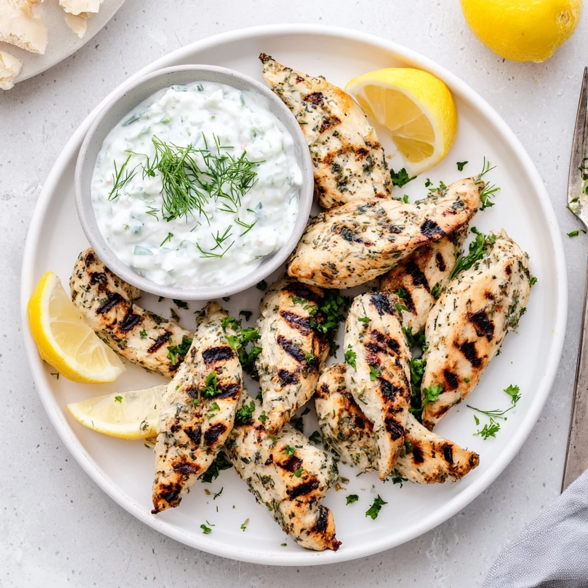 Juicy Delicious Greek Chicken Tenders grilled with oregano and garlic, served with a creamy cucumber yogurt sauce for dipping.