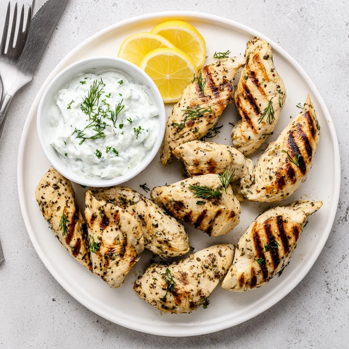 Golden Delicious Greek Chicken Tenders on a plate with lemon wedges and fresh dill, perfect for a family dinner.