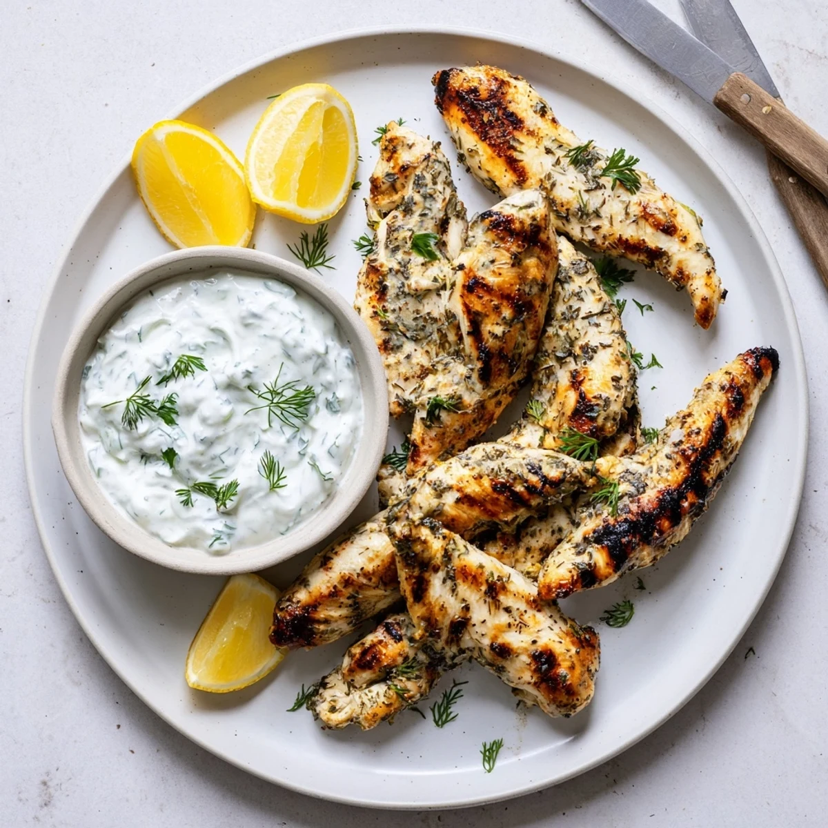 Sizzling Delicious Greek Chicken Tenders fresh off the grill, garnished with parsley and paired with a refreshing yogurt dip.