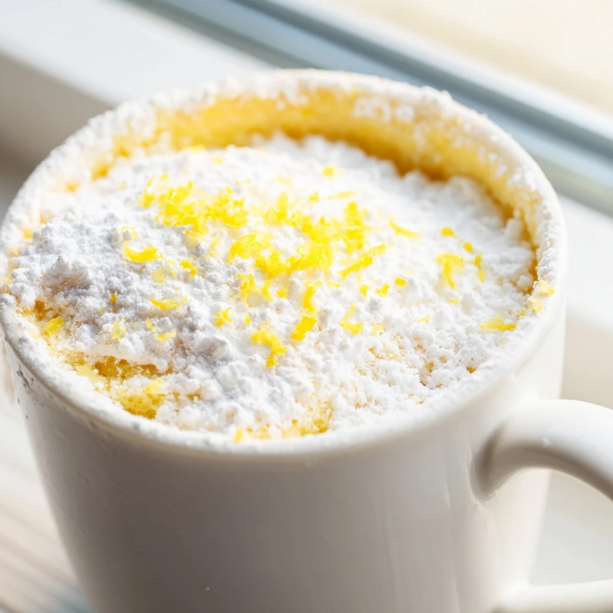 This single-serving Lemon Cottage Cheese Mug Cake is ready to eat with a spoon, showing a moist crumb and bright lemon glaze.