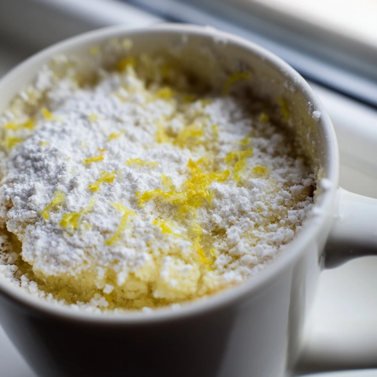 A freshly microwaved Lemon Cottage Cheese Mug Cake sits steaming in a ceramic mug, topped with powdered sugar and a lemon zest twist.