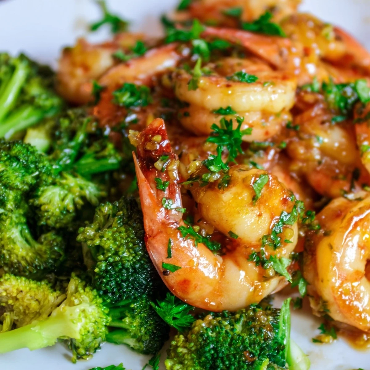 Glossy honey garlic butter shrimp and bright green broccoli florets on a white plate, ready to serve.