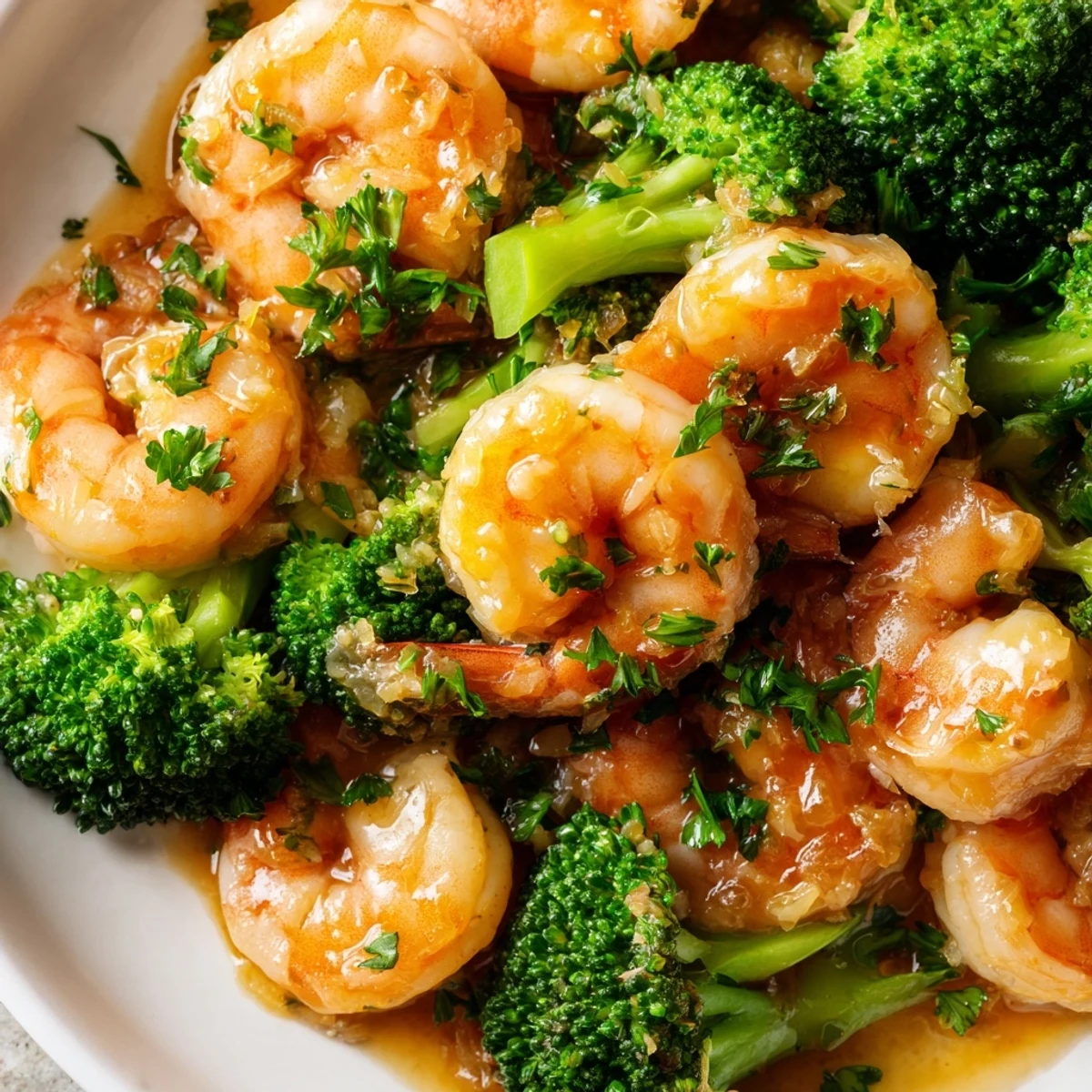 Honey Garlic Butter Shrimp & Broccoli plated over fluffy rice, garnished with fresh parsley and lemon wedges.