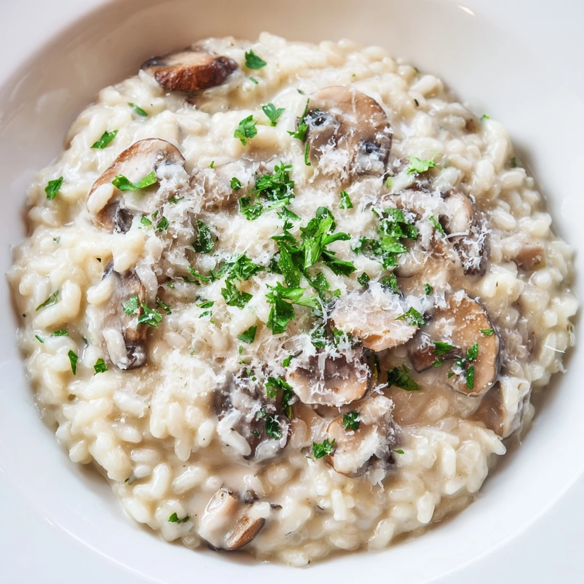 A close-up of Creamy Mushroom Risotto with golden sautéed mushrooms, glistening with savory juices and creamy Parmesan sauce.