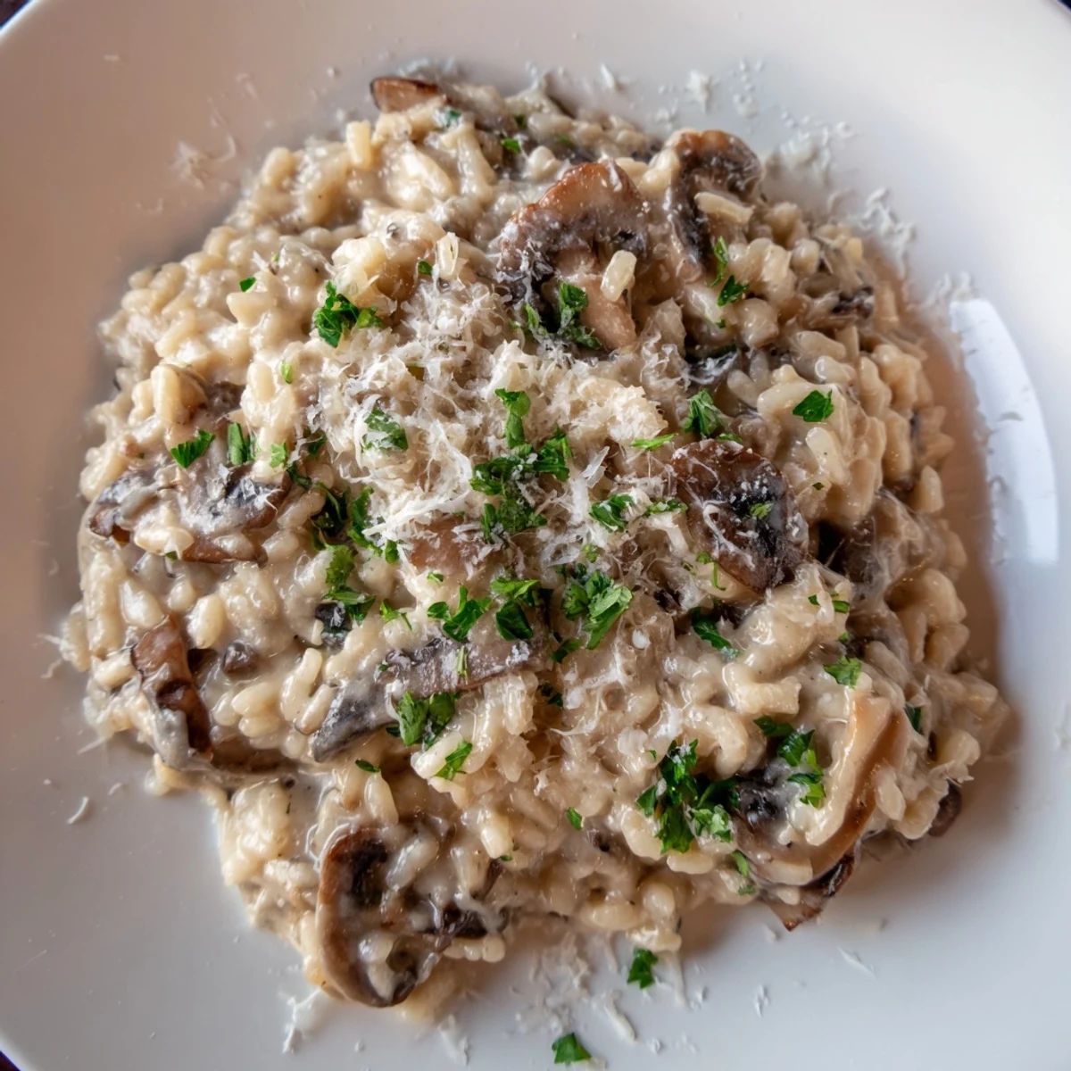 Creamy Mushroom Risotto served warm in a bowl, topped with fresh parsley and extra Parmesan, perfect for a cozy dinner.