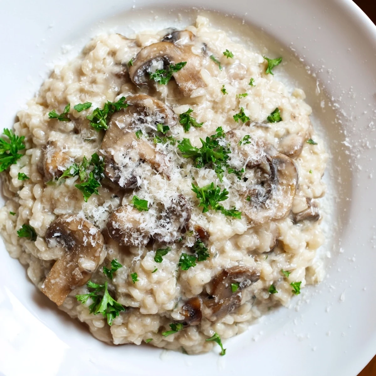 Steaming bowl of Creamy Mushroom Risotto ready to eat, garnished with fresh herbs and a rustic wooden spoon nearby.