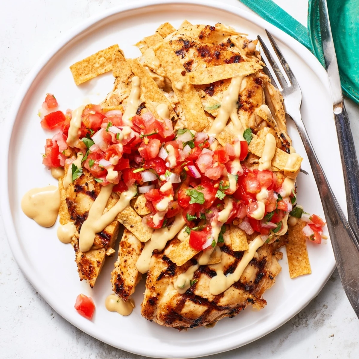 Juicy Fiesta Lime Chicken straight off the grill, sizzling with lime and spices, covered in bubbly cheese and tangy sauce, served with vibrant pico de gallo for a festive meal.
