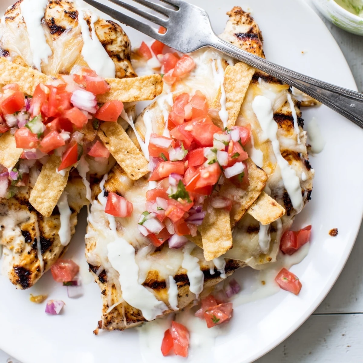 A close-up of a serving of Fiesta Lime Chicken with melted shredded cheese, a dollop of Mexi-ranch, and fresh tomato salsa, ready to be enjoyed at a Tex-Mex dinner.