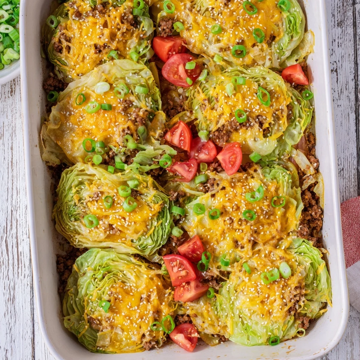 Golden roasted cabbage rounds layered with seasoned ground beef and melted cheddar cheese in a baking dish, showcasing the Easy Crispy Cabbage Burger Bake.