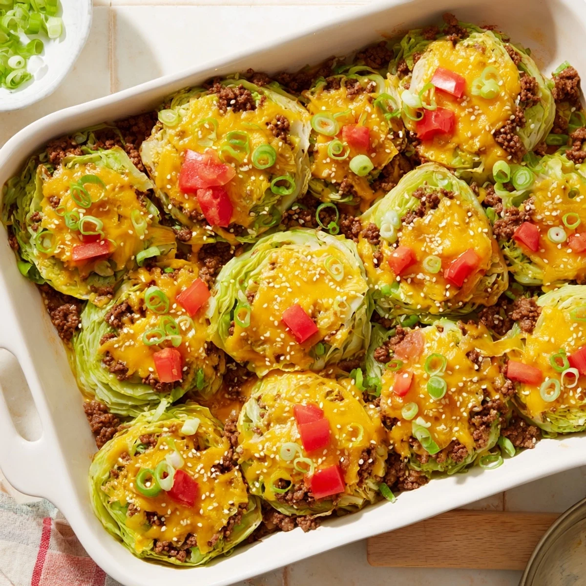 A close-up of the Easy Crispy Cabbage Burger Bake, featuring bubbly melted cheese and a sprinkle of sesame seeds for a classic burger vibe.