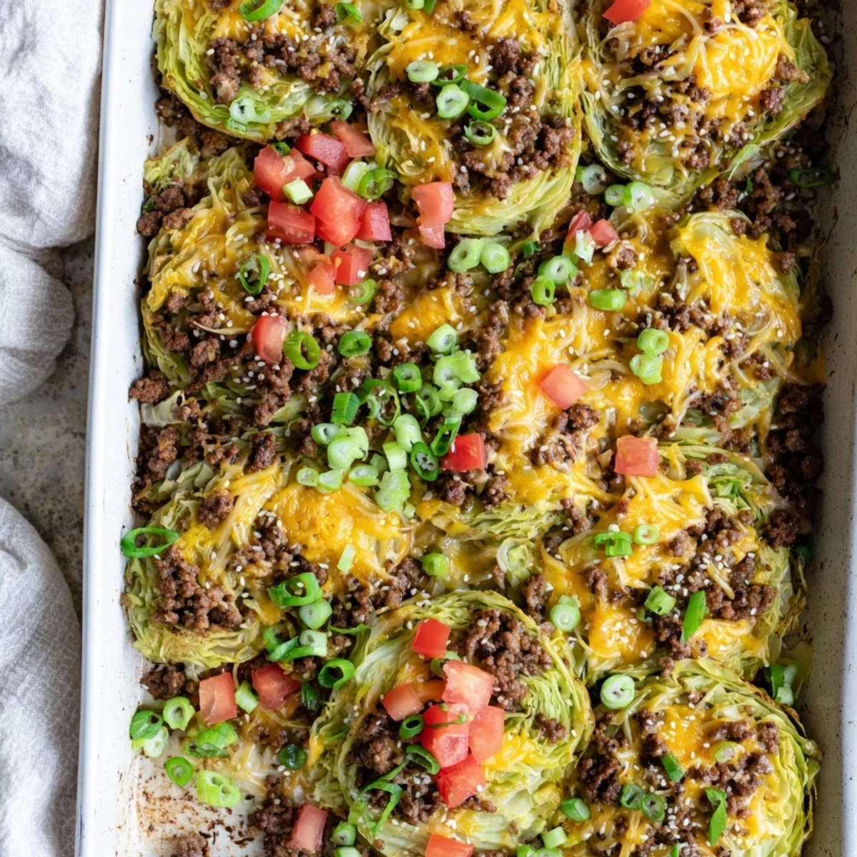 The Easy Crispy Cabbage Burger Bake served on a white plate, garnished with fresh tomatoes and pickles, ready for a family dinner.