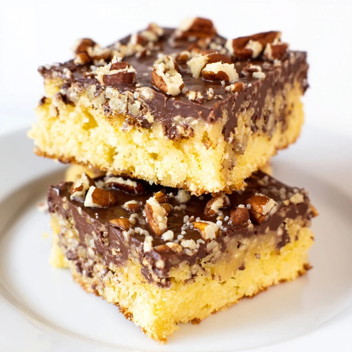 A close-up of freshly baked Cake Mix Toffee Bars with melted chocolate and crunchy toffee bits on a rustic wooden board, ready to serve.