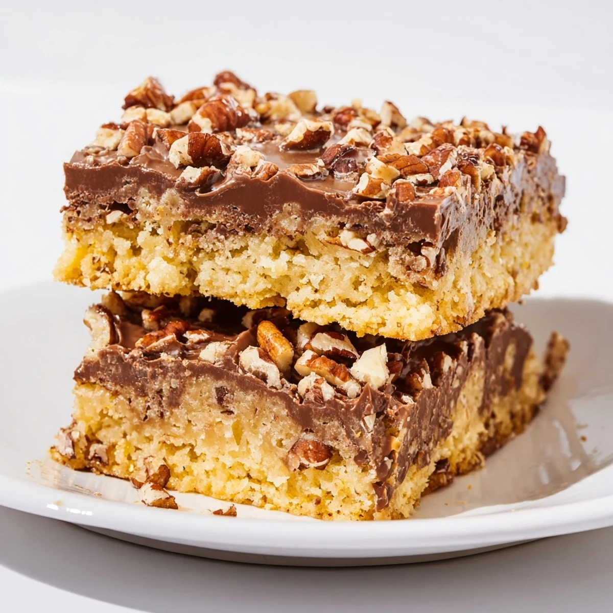 Golden brown Cake Mix Toffee Bars showing a chewy texture with pecans and toffee scattered on top, served on a white platter.