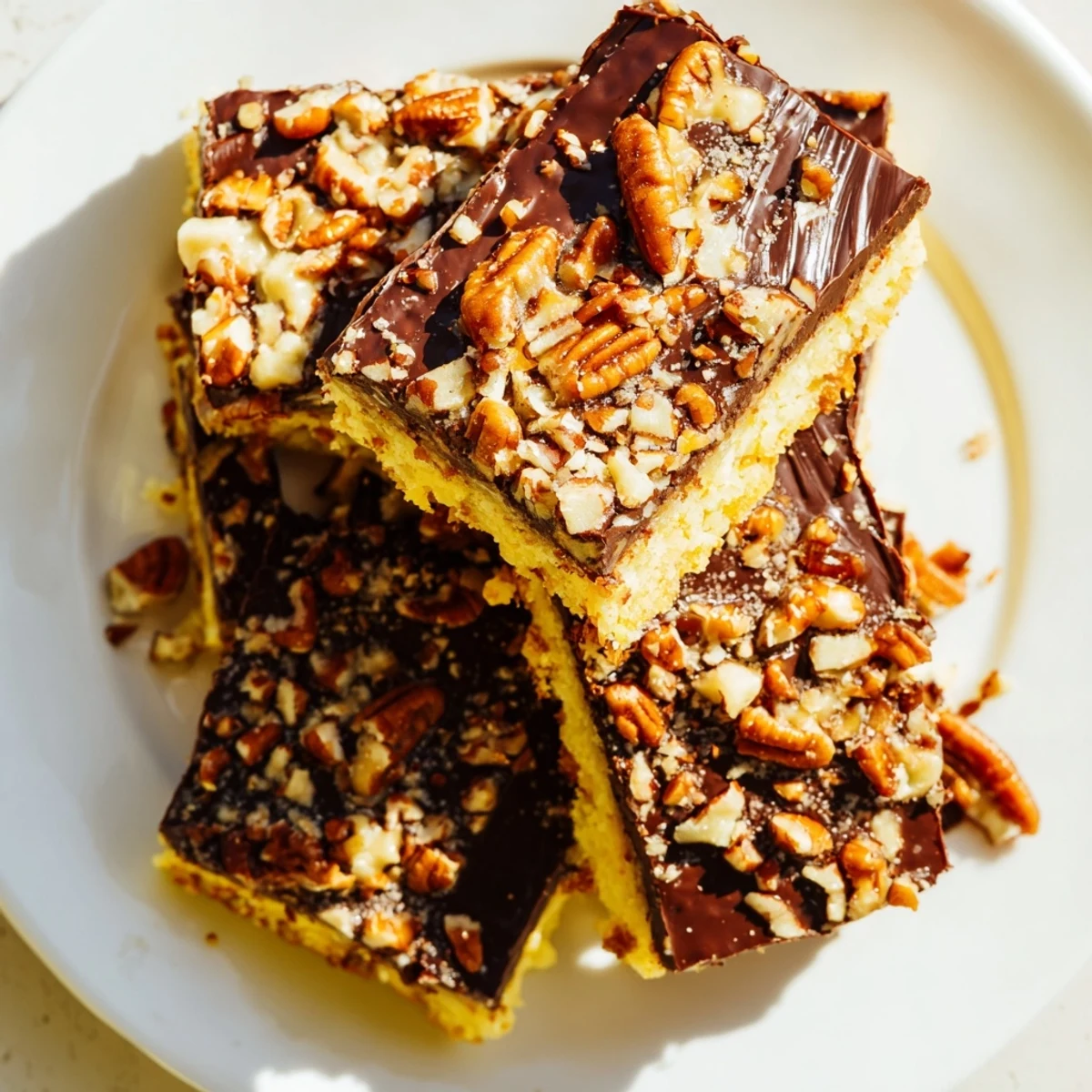 Warm, gooey Cake Mix Toffee Bars stacked on a marble counter next to a glass of milk, perfect for a sweet snack.