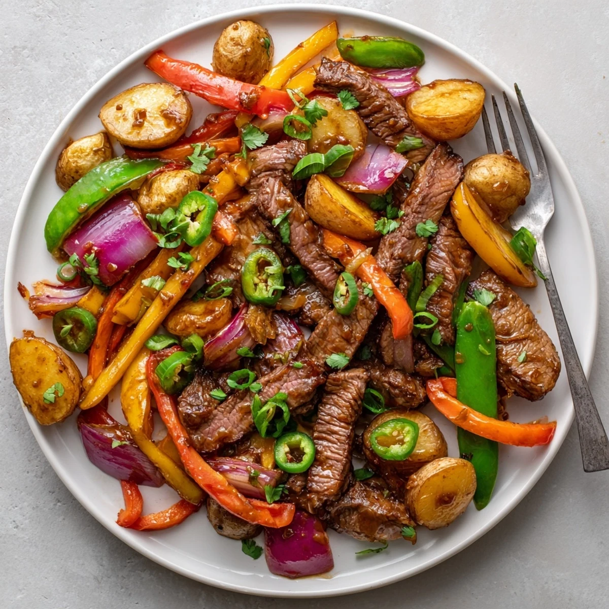 Sizzling Blackstone Cowboy Stir Fry Dinner served in a cast-iron skillet, loaded with tender beef, crisp vegetables, and bold spices, with scallions on top.
