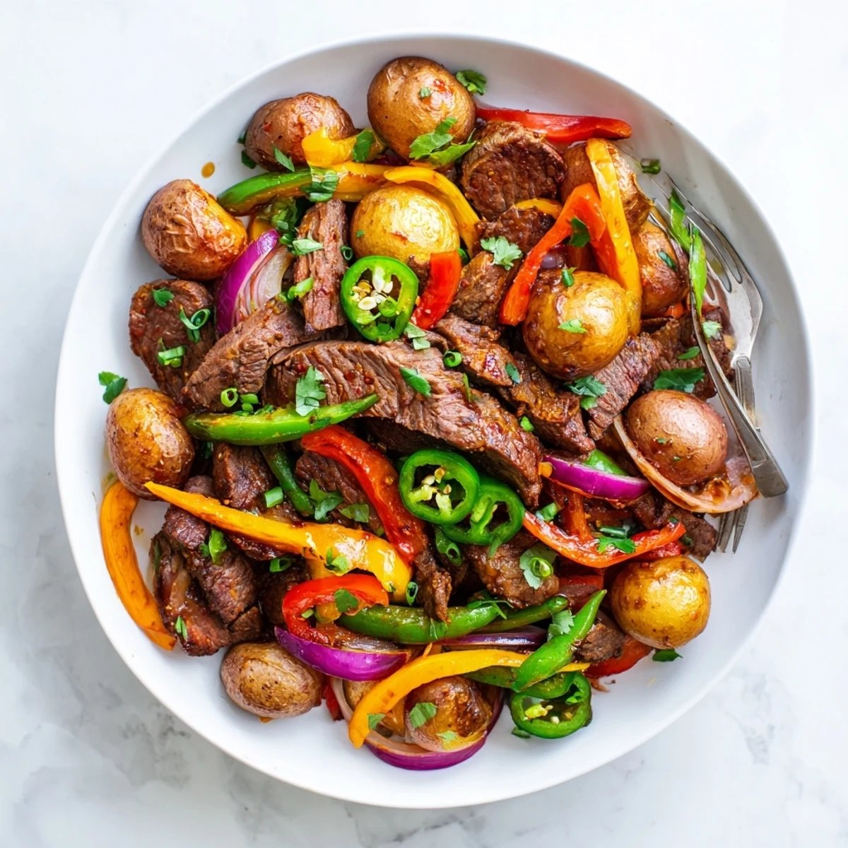Overhead view of Blackstone Cowboy Stir Fry Dinner plated with baby potatoes, snap peas, and jalapeños, ready to serve with warm tortillas on the side.