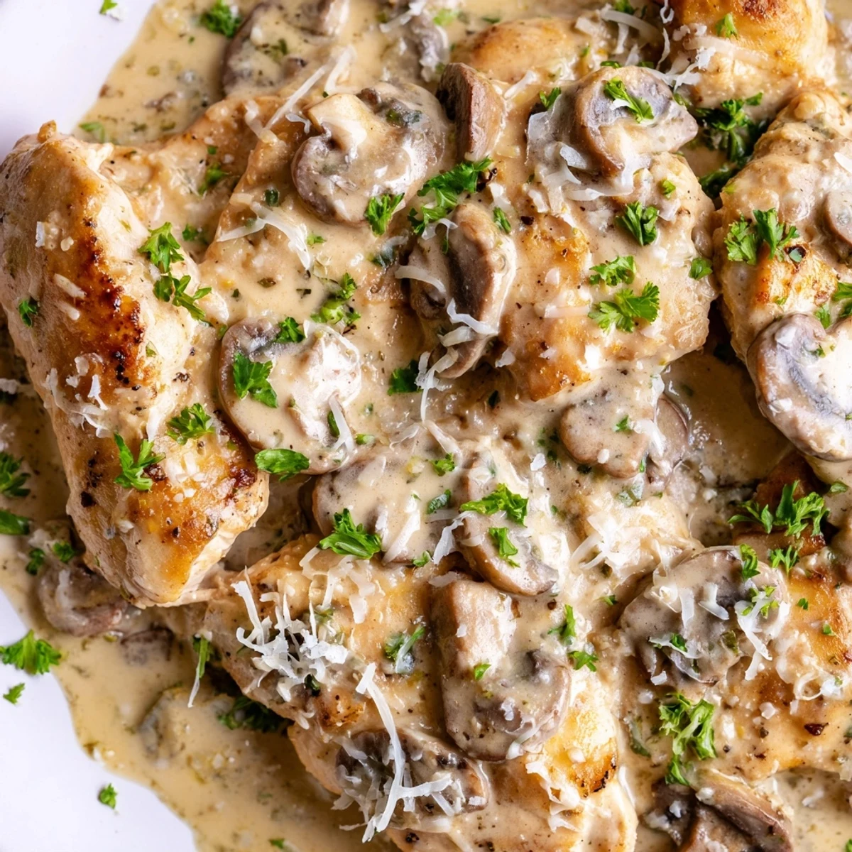 A close up of Mushroom Asiago Chicken in a skillet, showing melted Asiago cheese over sautéed mushrooms.