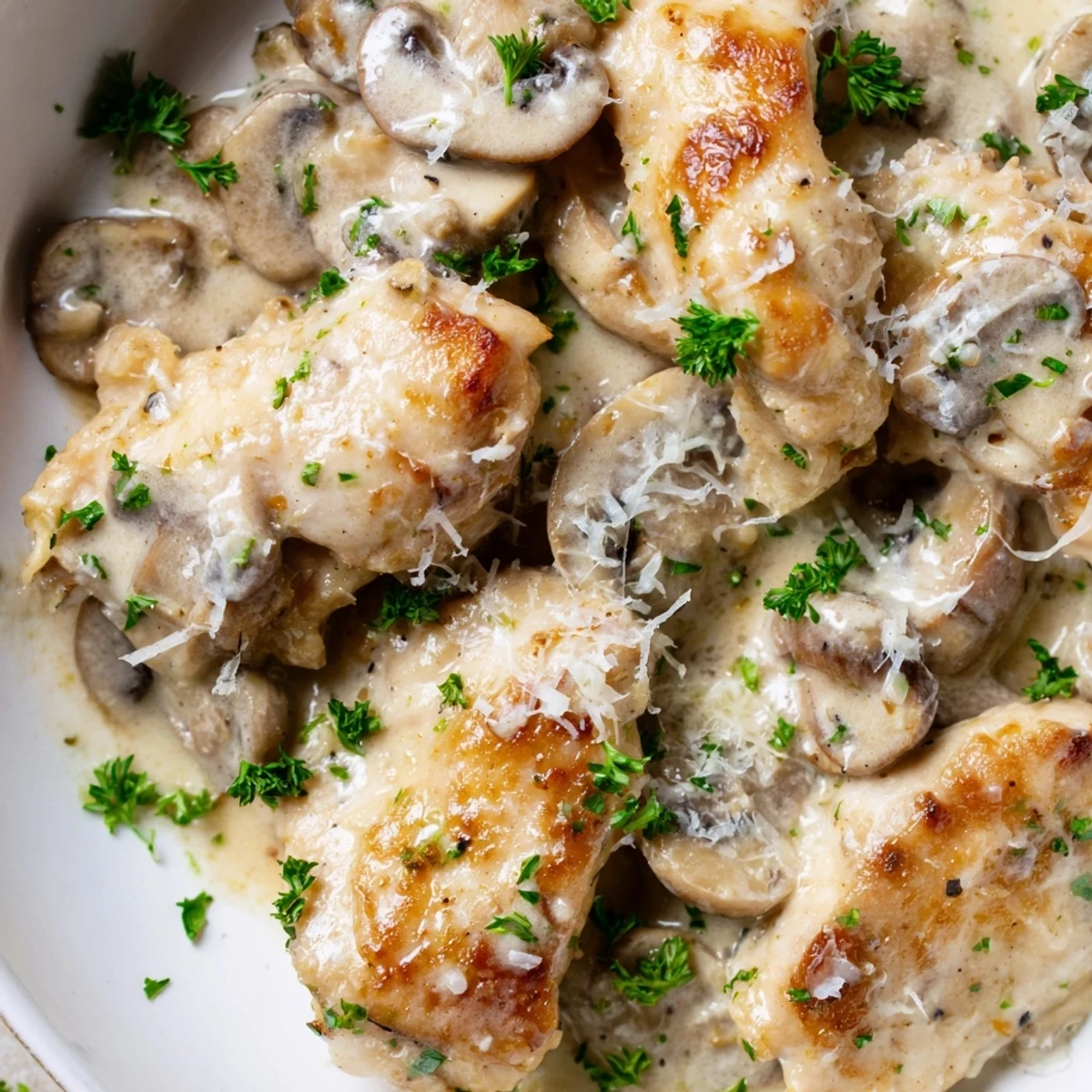 Golden seared chicken breasts in Mushroom Asiago Chicken topped with fresh parsley alongside creamy mashed potatoes.