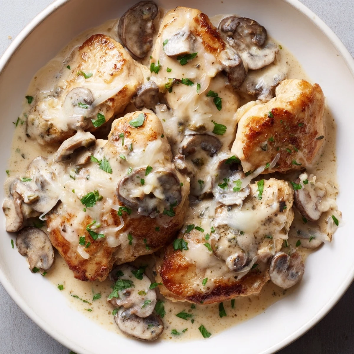 Serving suggestion for Mushroom Asiago Chicken plated with steamed green beans and a glass of white wine.