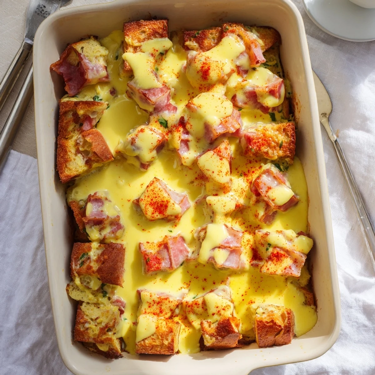 Freshly baked Eggs Benedict Casserole emerges golden brown from the oven, ready to serve.  