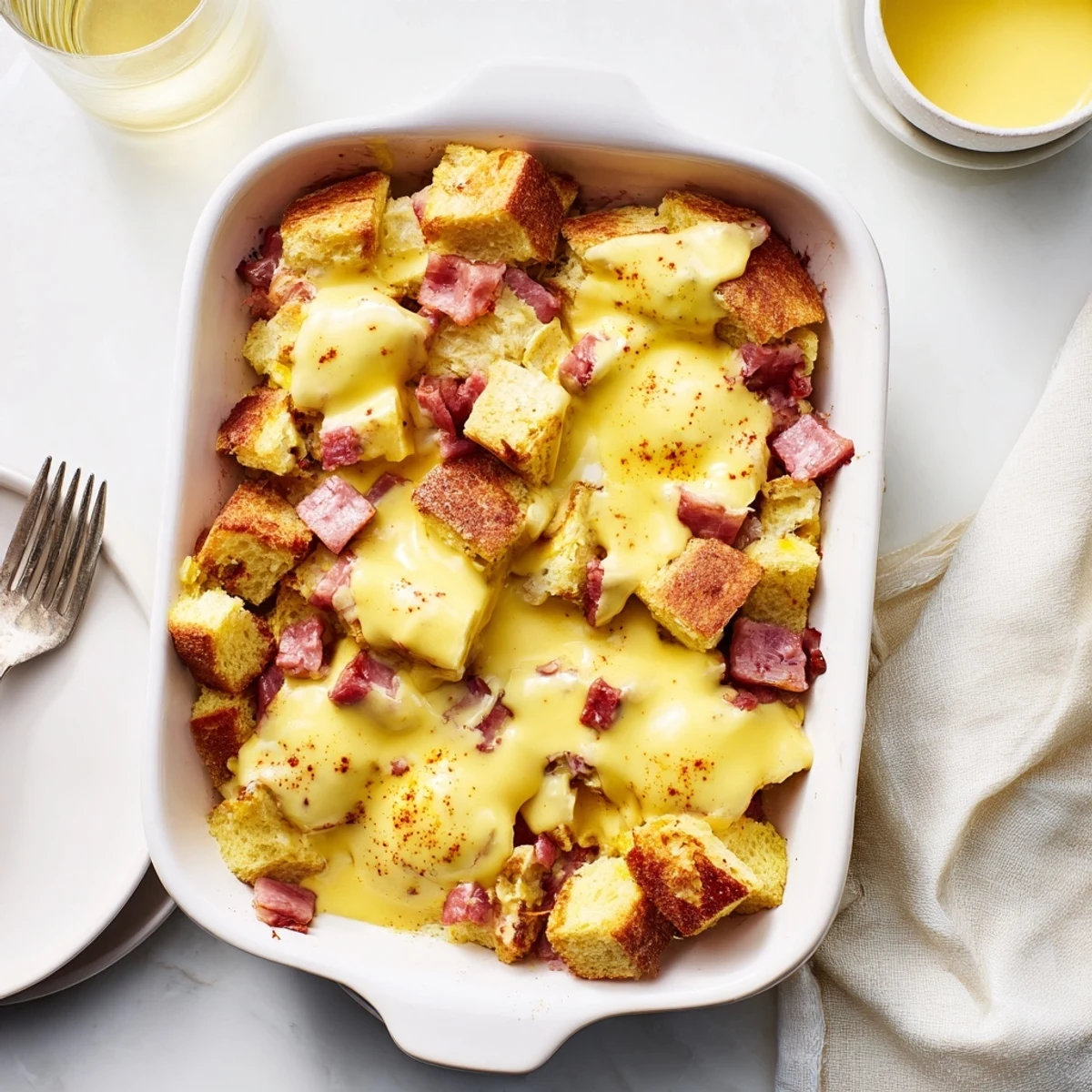 Sliced portion of Eggs Benedict Casserole reveals layers of English muffins and Canadian bacon.  