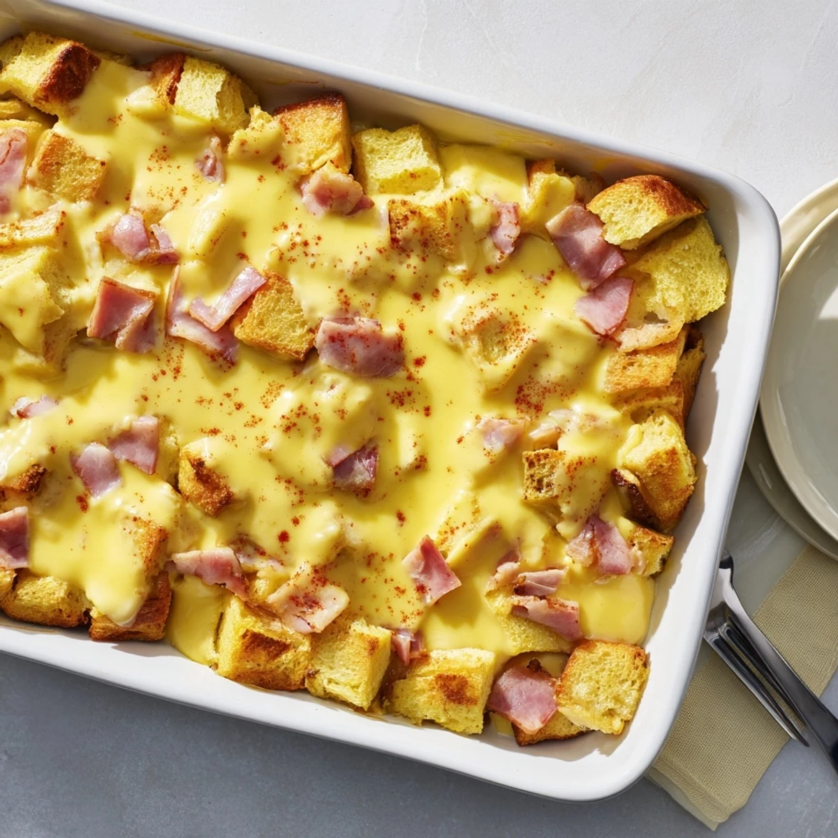 Close-up of warm Eggs Benedict Casserole topped with silky, homemade hollandaise sauce.