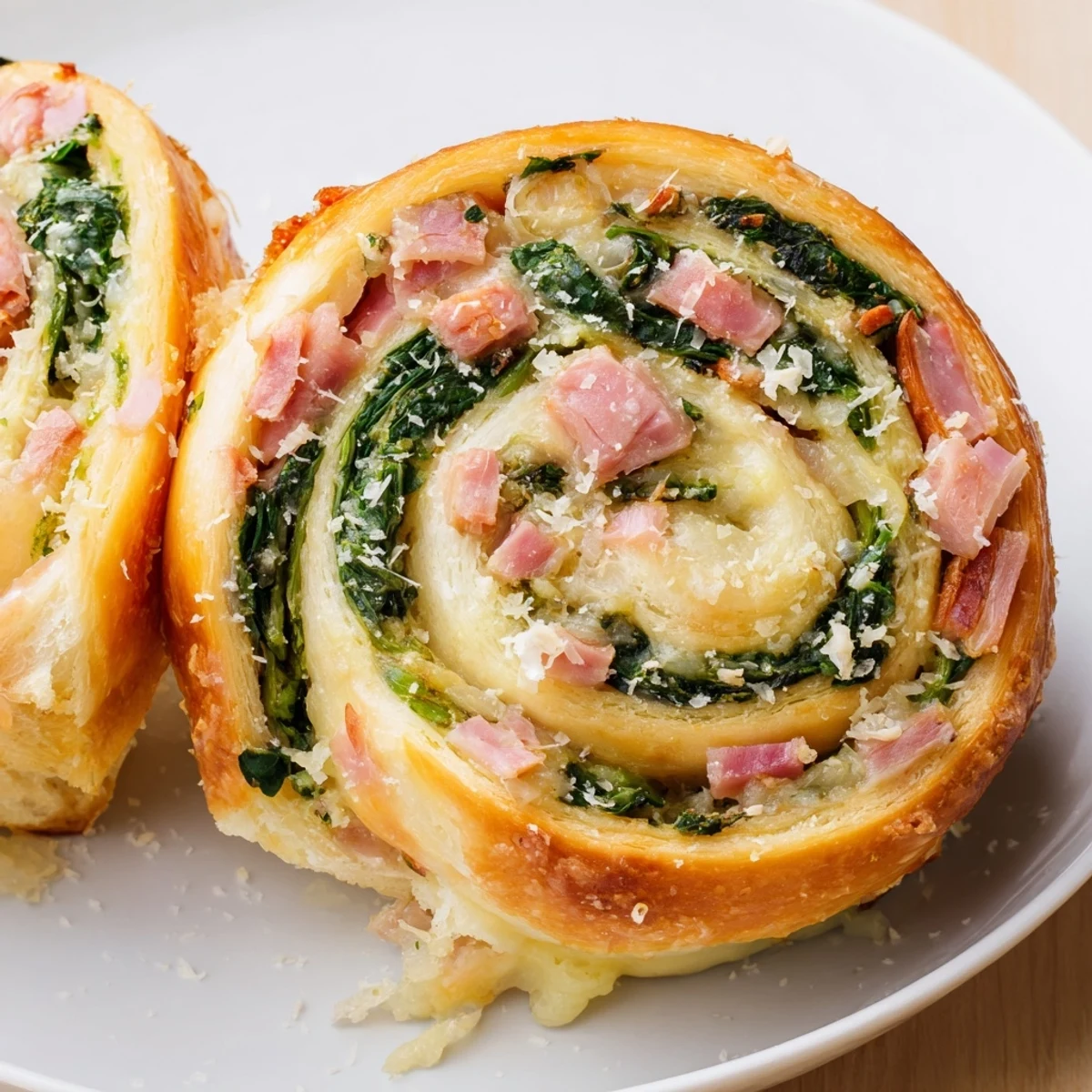 A close-up of Savory Spinach and Ham Breakfast Rolls with golden crust and melted Swiss cheese.
